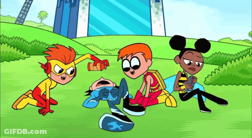 A Group Of Cartoon Characters Are Gathered In A Field GIF