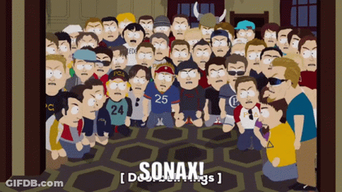 A Group Of Cartoon Characters Are Gathered In A Room And The Word Sonax Is On The Bottom Right GIF