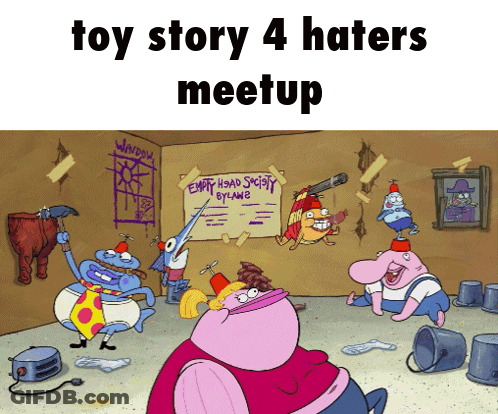 A Group Of Cartoon Characters Are Gathered In A Room With A Sign That Says Empty Head Society By Claws GIF