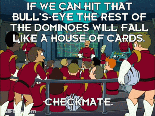 A Group Of Cartoon Characters Are Gathered In A Room With The Caption If We Can Hit That Bull 'S-Eye GIF