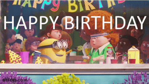 A Group Of Cartoon Characters Are Gathered In Front Of A Banner That Says Happy Birthday GIF