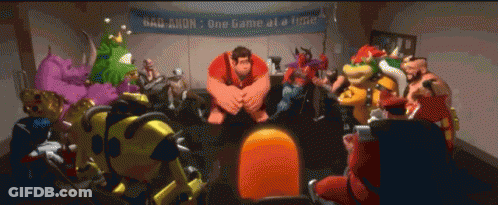 A Group Of Cartoon Characters Are Gathered In Front Of A Sign That Says Bad Aron GIF