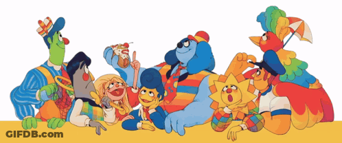 A Group Of Cartoon Characters Are Gathered Together On A Yellow Surface GIF
