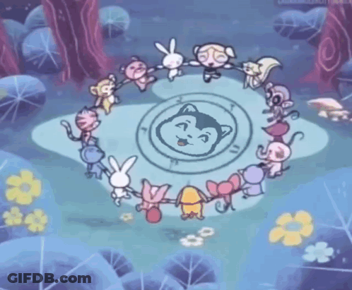A Group Of Cartoon Characters Are Holding Hands In A Circle Around A Cat . GIF