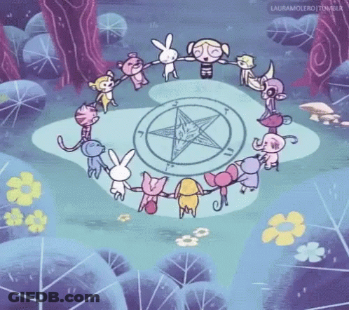 A Group Of Cartoon Characters Are Holding Hands In A Circle With A Pentagram In The Middle GIF