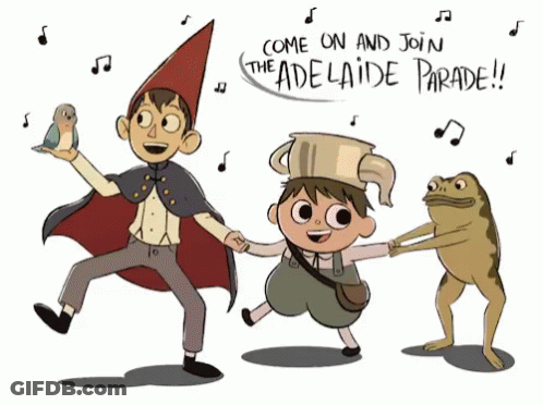 A Group Of Cartoon Characters Are Holding Hands With The Words " Come On And Join The Adelaide Parade " Above Them GIF