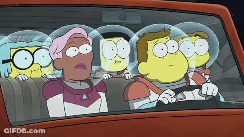 Group Of Cartoon Characters In Car GIF