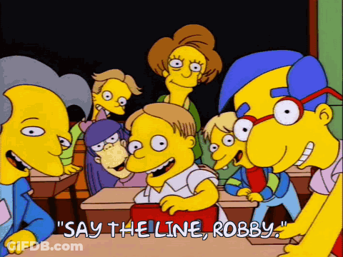A Group Of Cartoon Characters Are In A Classroom With The Words Say The Line Robby GIF