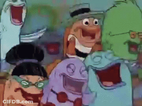 A Group Of Cartoon Characters Are Laughing With Their Mouths Wide Open GIF