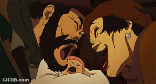 A Group Of Cartoon Characters Are Looking At A Baby With Their Mouths Open GIF