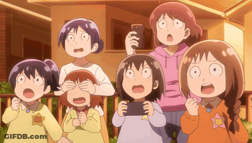 A Group Of Cartoon Characters Are Looking At A Cell Phone GIF