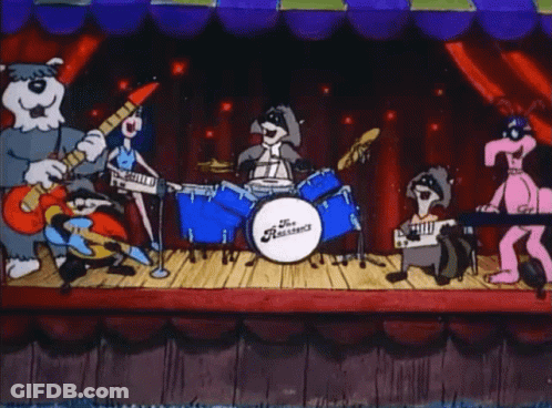 A Group Of Cartoon Characters Are Playing Instruments On A Stage With A Drum That Says The Resistance GIF