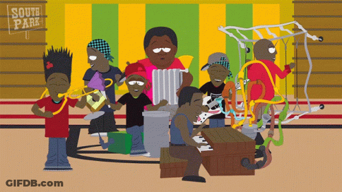 A Group Of Cartoon Characters Are Playing Music In Front Of A Sign That Says South Park GIF
