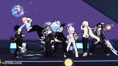 A Group Of Cartoon Characters Are Posing For A Picture On A Stage GIF