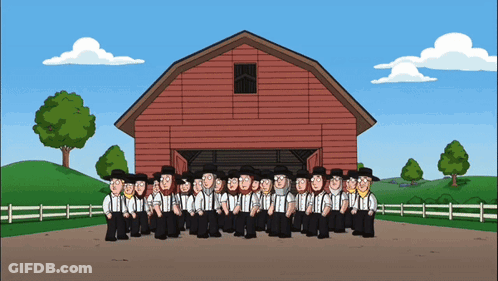 A Group Of Cartoon Characters Are Posing In Front Of A Barn GIF