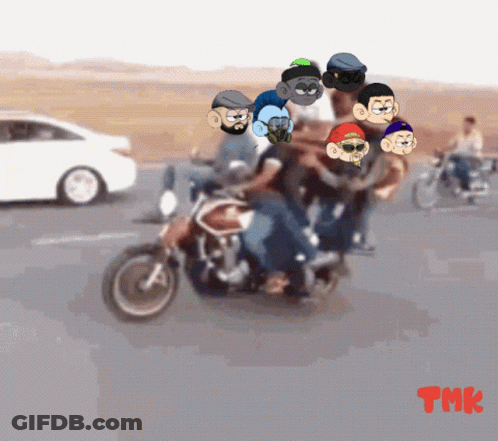 A Group Of Cartoon Characters Are Riding A Motorcycle On A Road GIF
