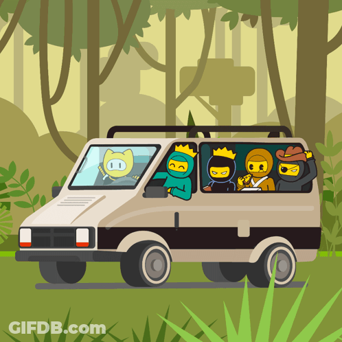 A Group Of Cartoon Characters Are Riding In A Van In The Woods GIF