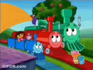 A Group Of Cartoon Characters Are Riding On A Train With A Tree In The Background . GIF