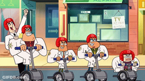 A Group Of Cartoon Characters Are Riding Segways In Front Of A Store That Says Tv Repair Buy Sell GIF