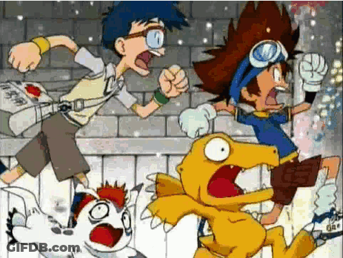 A Group Of Cartoon Characters Are Running Away From A Monster . GIF