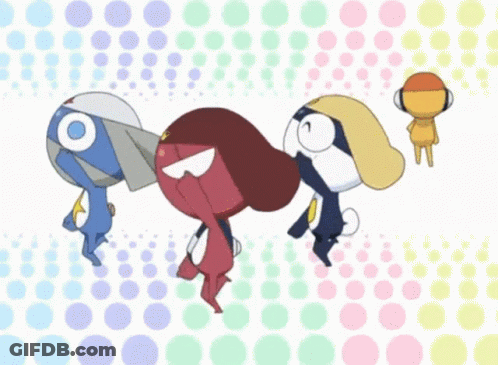 A Group Of Cartoon Characters Are Running In A Line GIF