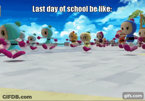 A Group Of Cartoon Characters Are Running On A White Surface With The Words Last Day Of School Be Like GIF