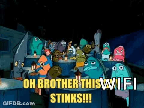 A Group Of Cartoon Characters Are Sitting Around A Table With The Words Oh Brother This Wifi Stinks ! GIF