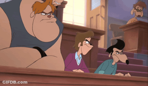 A Group Of Cartoon Characters Are Sitting At A Table In A Court Room GIF