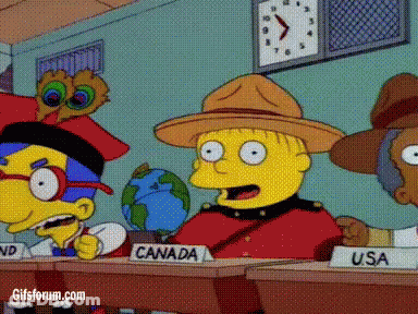 A Group Of Cartoon Characters Are Sitting At A Table With A Sign That Says Canada GIF