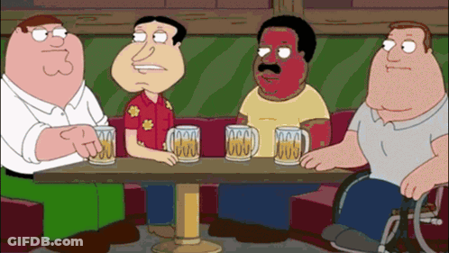 A Group Of Cartoon Characters Are Sitting At A Table With Beer Mugs And One Of Them Has A Face Painted Red GIF