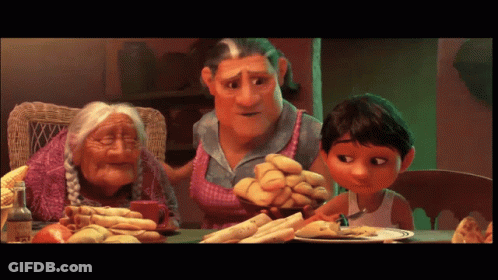 A Group Of Cartoon Characters Are Sitting At A Table With Food GIF