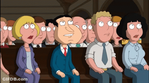 A Group Of Cartoon Characters Are Sitting In A Church Including A Man In A Suit GIF
