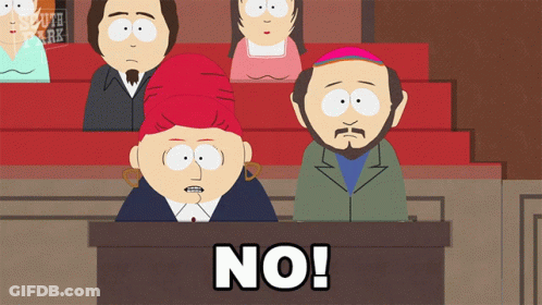 A Group Of Cartoon Characters Are Sitting In A Courtroom And One Of Them Has The Word No On His Chest GIF