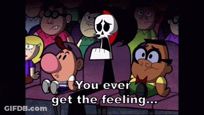 A Group Of Cartoon Characters Are Sitting In A Dark Room With The Words " You Ever Get The Feeling " GIF