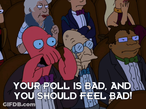 A Group Of Cartoon Characters Are Sitting In A Dark Room With The Words " Your Poll Is Bad And You Should Feel Bad " GIF