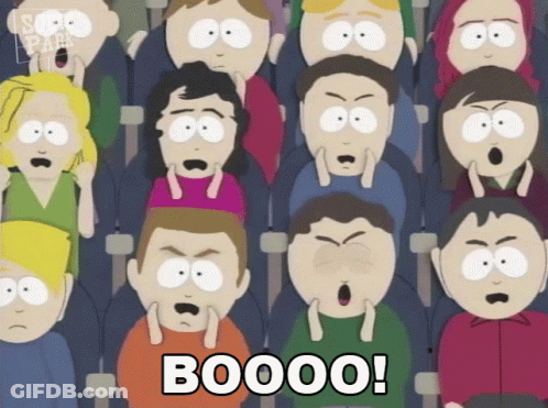 A Group Of Cartoon Characters Are Sitting In A Stadium And One Of Them Is Saying Boooo GIF