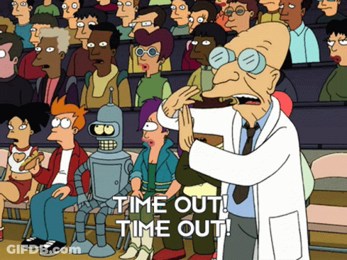 A Group Of Cartoon Characters Are Sitting In A Stadium And One Of Them Says Time Out Time Out GIF
