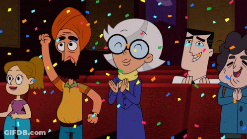 A Group Of Cartoon Characters Are Sitting In A Theater With Confetti Falling Around Them GIF
