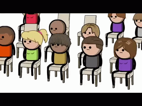A Group Of Cartoon Characters Are Sitting In Chairs And One Of Them Has A Purple Shirt On GIF