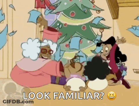 A Group Of Cartoon Characters Are Sitting In Front Of A Christmas Tree And The Caption Reads Look Familiar ? GIF