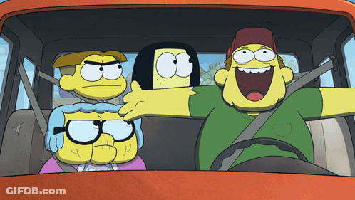 Cartoon Characters Sitting In Orange Car Back Seat GIF