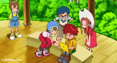A Group Of Cartoon Characters Are Sitting On A Bench Looking At A Laptop Computer . GIF
