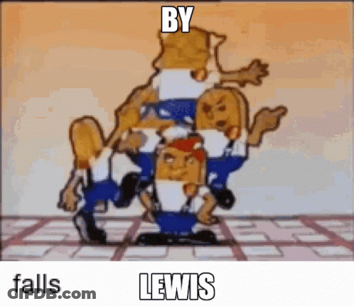 A Group Of Cartoon Characters Are Stacked On Top Of Each Other And The Caption Says By Lewis Falls GIF