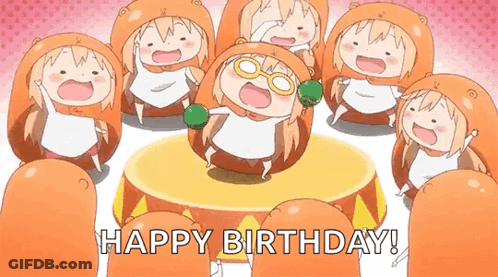 A Group Of Cartoon Characters Are Standing Around A Cake And Shouting Happy Birthday . GIF