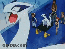 A Group Of Cartoon Characters Are Standing Around A Giant White Monster GIF