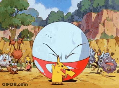 A Group Of Cartoon Characters Are Standing Around A Large Ball With A Pikachu On It . GIF