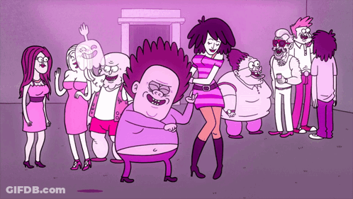 A Group Of Cartoon Characters Are Standing Around A Man In A Purple Dress GIF