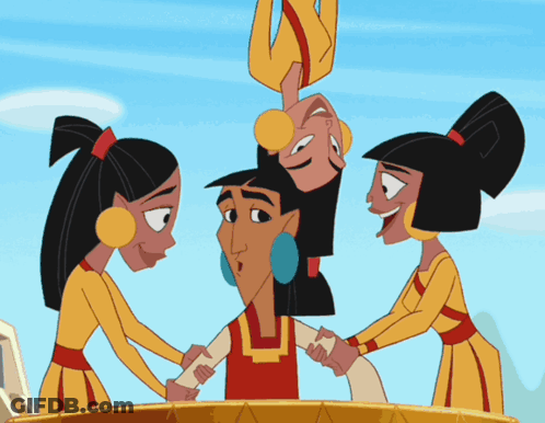 A Group Of Cartoon Characters Are Standing Around A Man In A Red Shirt GIF