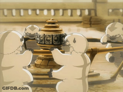 A Group Of Cartoon Characters Are Standing Around A Statue That Says ' Aang ' On The Top GIF