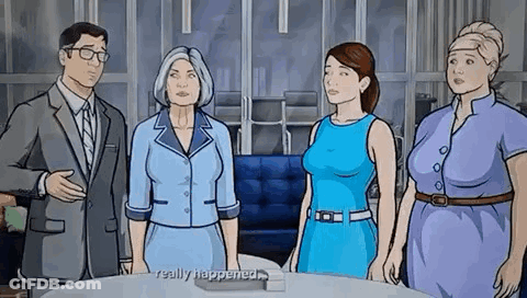 A Group Of Cartoon Characters Are Standing Around A Table . GIF